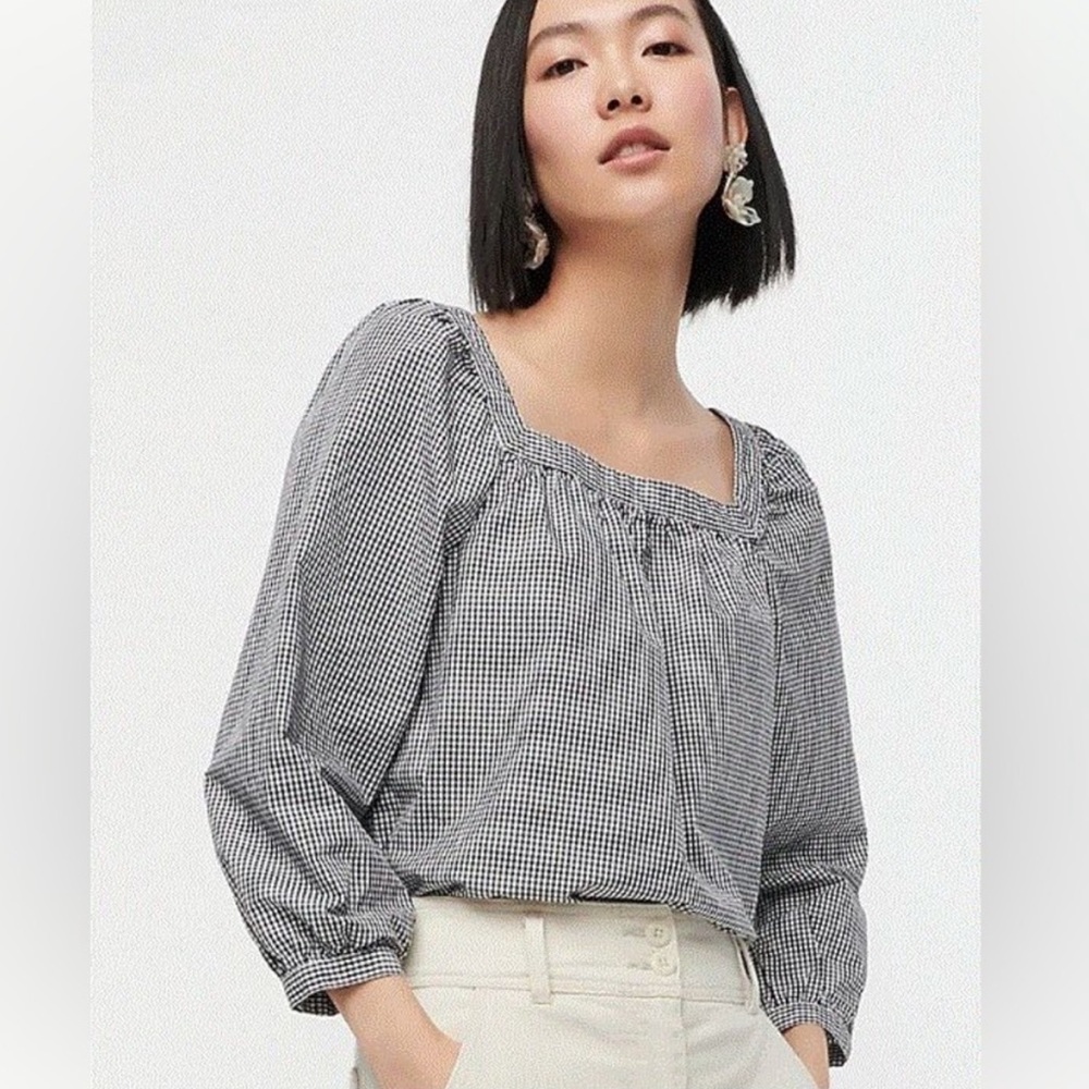 J. Crew Square Neck Gingham Checkered Blouse Long 3/4 Sleeve Penny Top Black